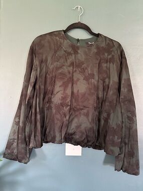 Madewell Olive Green Floral-Print Long Sleeve Blouse